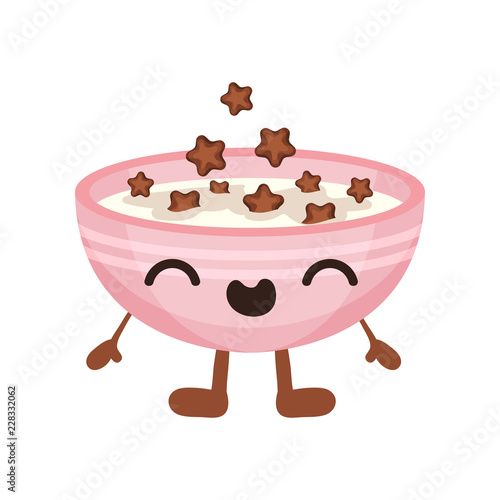 Bowl of milk with cornflakes cartoon character with funny face vector Illustration on a white background