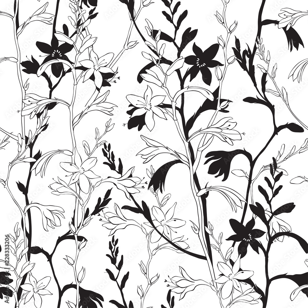 Seamless floral pattern with montbretia. Vector monochrome illustration on a white background.