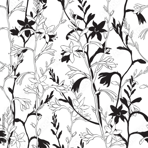 Seamless floral pattern with montbretia. Vector monochrome illustration on a white background.