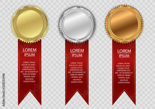 
Set of gold, bronze and silver. Winner award competition, prize medal and banner for text. Award medals isolated on transparent background. Vector illustration of winner concept.
