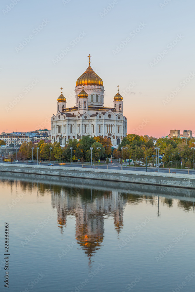 Cathedral of Christ the Savior and Moscow river at morning in Moscow, Russia, Architecture and landmarks of Moscow.