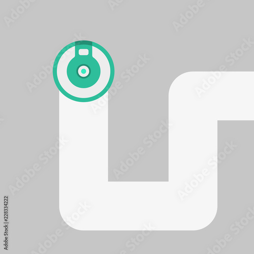 Robot vacuum cleaner cleaning it's way through dirty floor. Smart home device. Vector hand drawn illustration.