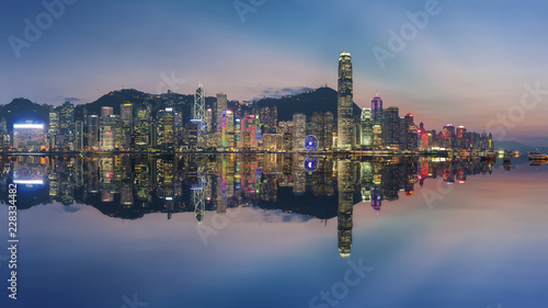 Photography Panorama of Victoria Harbor in Hong Kong at dusk