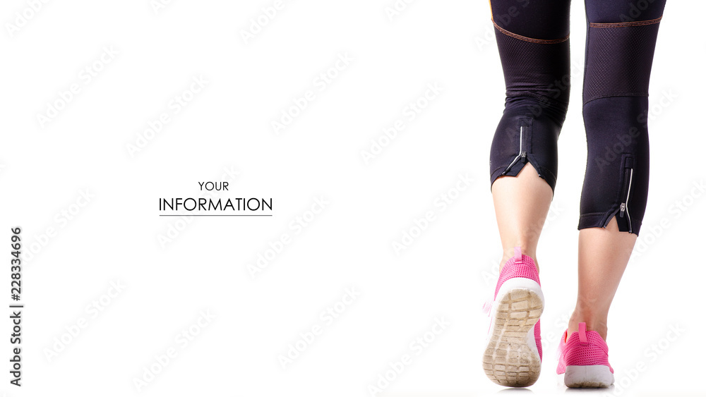 Female legs sports leggings sneakers sports exercises pattern on a white background isolation Female legs sports leggings sneakers sports exercises pattern on a white background isolation