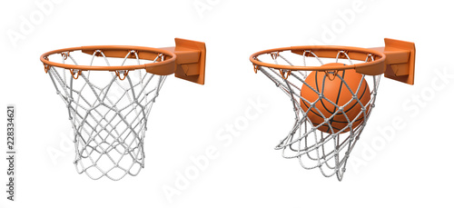 3d rendering of two basketball nets with orange hoops, one empty and one with a ball falling inside.