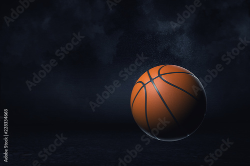 3d rendering of an orange rubber basketball with black stripes hanging under spotlight. © gearstd