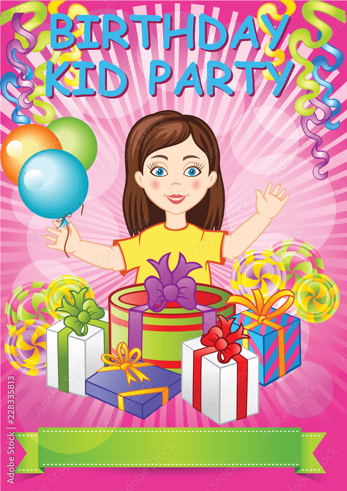 Kids birthday party flyer with cartoon girl and gift boxes. Design template of invitation. Vector pink background Kids birthday party flyer with cartoon girl and gift boxes. Design template of invitation. Vector pink background