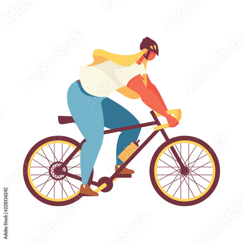 Fototapeta Naklejka Na Ścianę i Meble -  Flat bright young woman riding a bycicle isolated on white. Vector concept illustration with oversized girl character