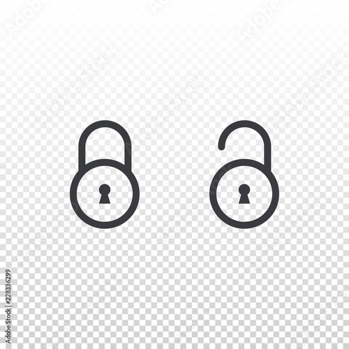 Lock and unlock icon isolated on transparent background. Outline element for design mobile app or website. Vector interface button. Open and close symbol