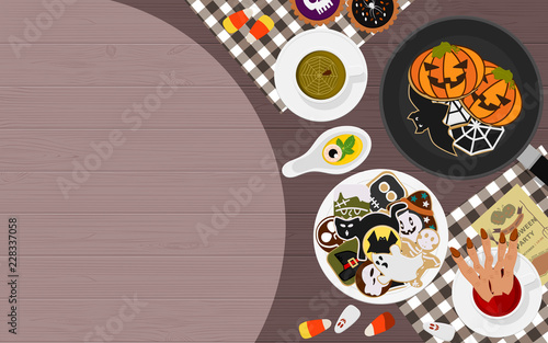 Pancakes, cookies and horror food recipe decoration on wooden rustic table, top view, flat lay with spot light space for text. Halloween greeting card vector illustration.