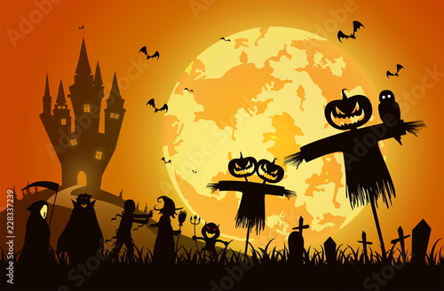 illustration sunset background,festival halloween concept,full moon on dark night with many ghost,scarecrow and devil walking to castle for celebration halloween day
