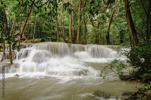 Huai Mae Khamin waterfall in the rainy season with turbid flowing water,In province Kanchanaburi Thailand