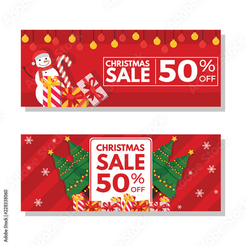 Christmas sale banners with snowman, gifts, and christmas trees illustration