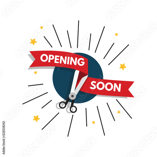 Opening soon with scissors and red ribbon illustration