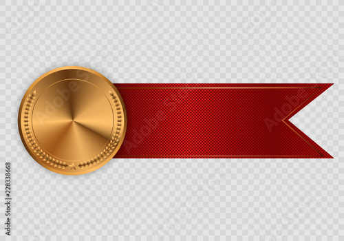 Champion medails with red ribbon. Banner. Winner award competition, prize medal and banner for text. Award medals isolated on transparent background. Vector illustration of winner concept.
