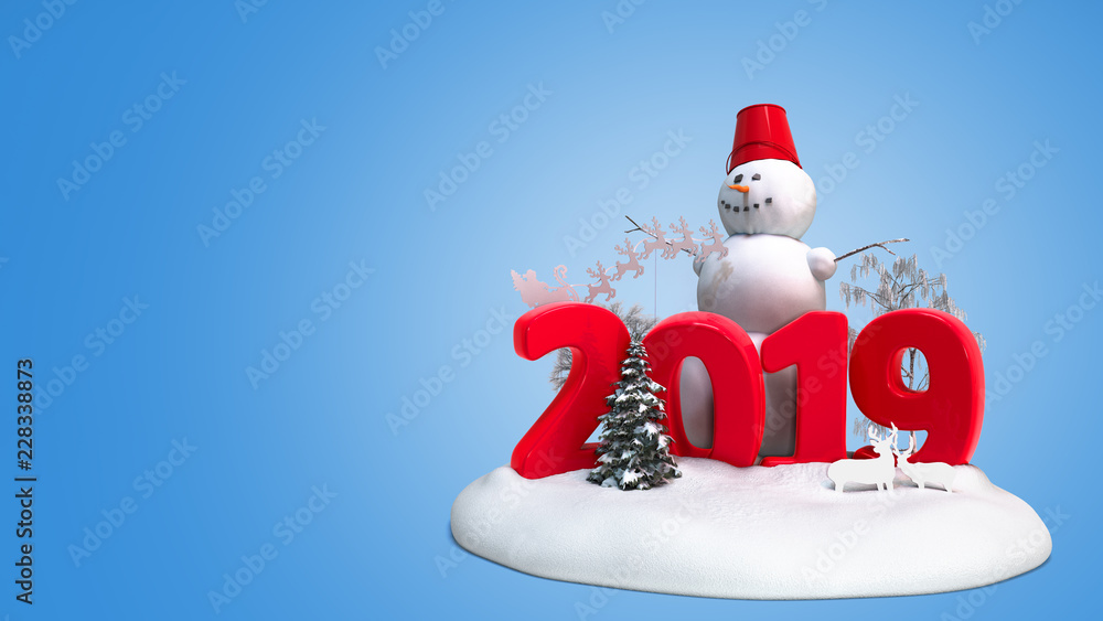 new year 2019 snow island with snowman and trees 3d render on blue new year 2019 snow island with snowman and trees 3d render on blue