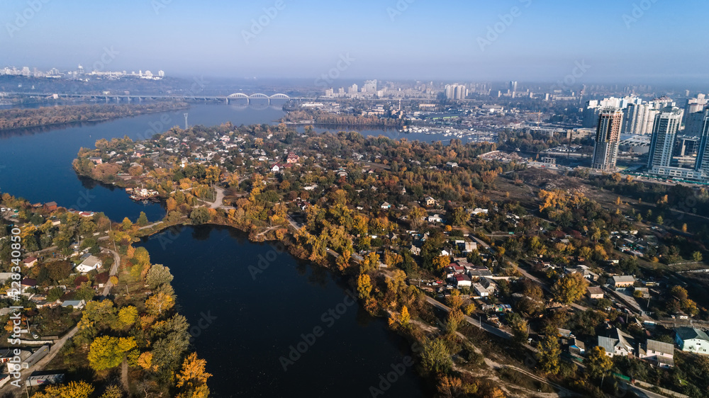 Fototapeta premium Aerial view of city landscape of Osokorki and Poznyaki. Darnitskiy district, Kiev Ukraine.