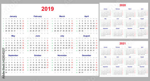 Calendar grid for 2019, 2020 and 2021 years set. The week starts on Monday. One day off - Sunday. Simple horizontal template in English.