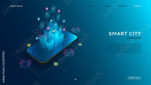 Concept of smart city with IoT. Digital hologram of smart city on the screen of smartphone with Internet of things. Vector illustration with wireless connections of information technology icons.