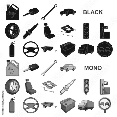 Car, vehicle black icons in set collection for design. Car and equipment vector symbol stock web illustration.