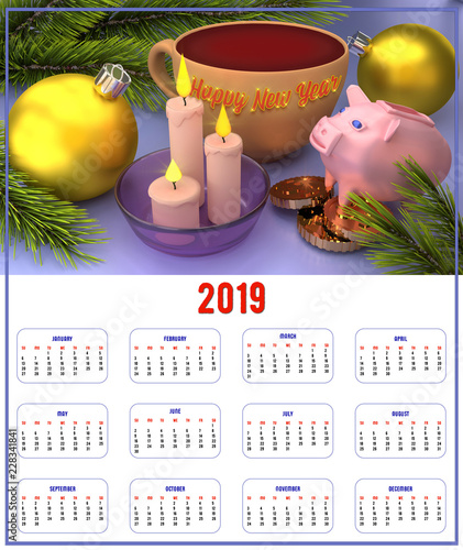 Large format calendar for 2019 with candles and balloons, congratulations on the New Year. 3D rendering