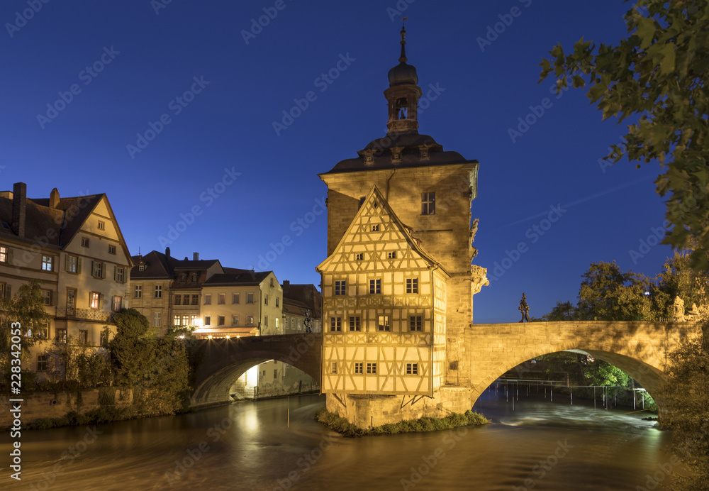 Historic town hall of Bamberg, Bavaria, Germany, at blue hour
