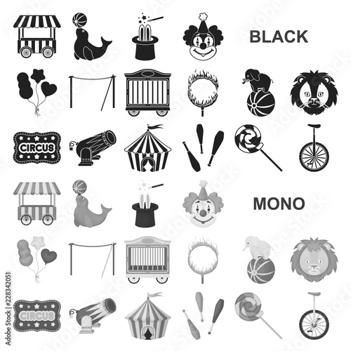 Circus and attributes black icons in set collection for design. Circus Art vector symbol stock web illustration.