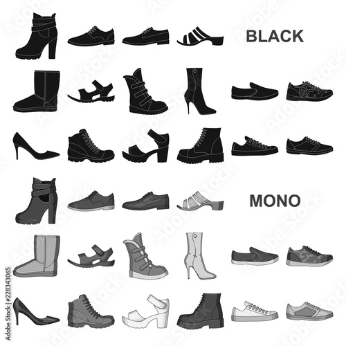 Different shoes black icons in set collection for design. Men and women shoes vector symbol stock web illustration.