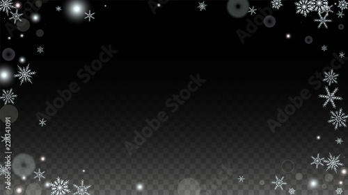 Christmas  Vector Background with White Falling Snowflakes Isolated on Transparent Background. Realistic Snow Sparkle Pattern. Snowfall Overlay Print. Winter Sky. Design for Party Invitation.