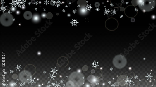 Christmas  Vector Background with White Falling Snowflakes Isolated on Transparent Background. Realistic Snow Sparkle Pattern. Snowfall Overlay Print. Winter Sky. Design for Party Invitation.