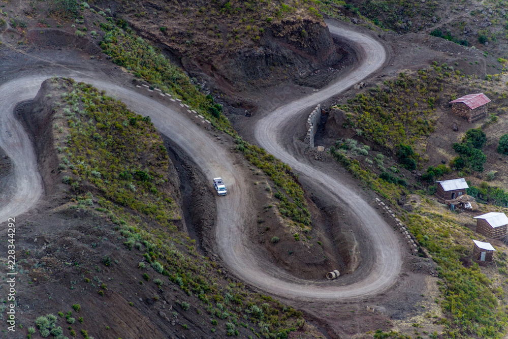 Aerial view of mountain roads of Lalibela, Ethiopia Aerial view of mountain roads of Lalibela, Ethiopia