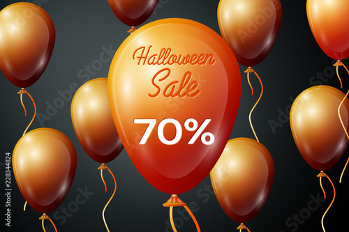 Realistic Orange ballons with inscription Halloween Sale Seventy percent for discount on black background. Colorful sticker, banner for sale, shopping, business theme. Vector illustration
