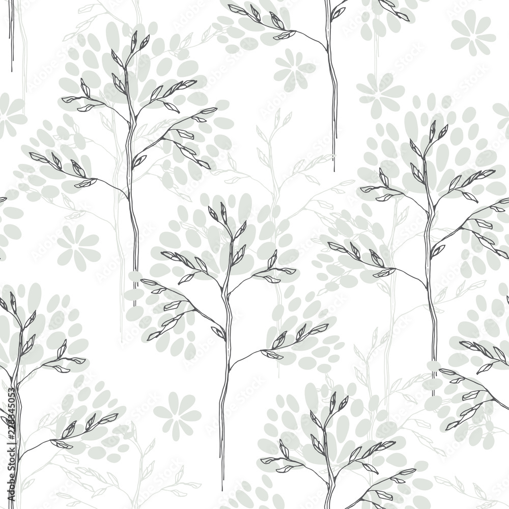 Floral seamless pattern with trees on a white background.  Monochrome vector illustration. Sketch.