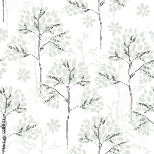 Floral seamless pattern with trees on a white background.  Monochrome vector illustration. Sketch.