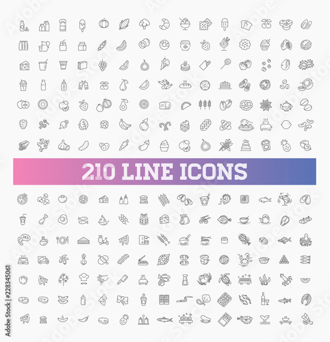 210 food and drink thin vector icon set