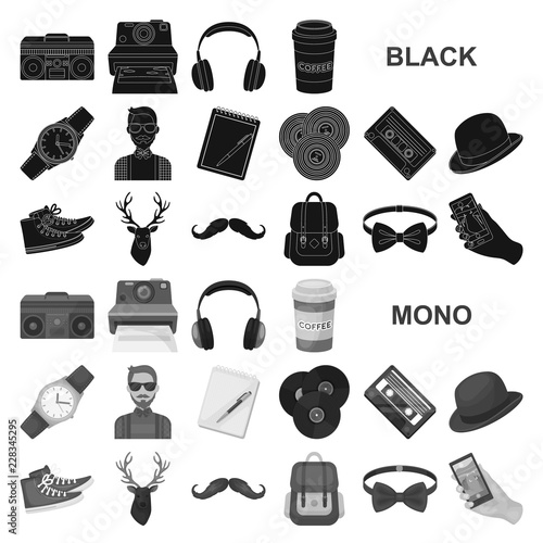 Style Hipster black icons in set collection for design. Hipster Attributes and accessories vector symbol stock web illustration.