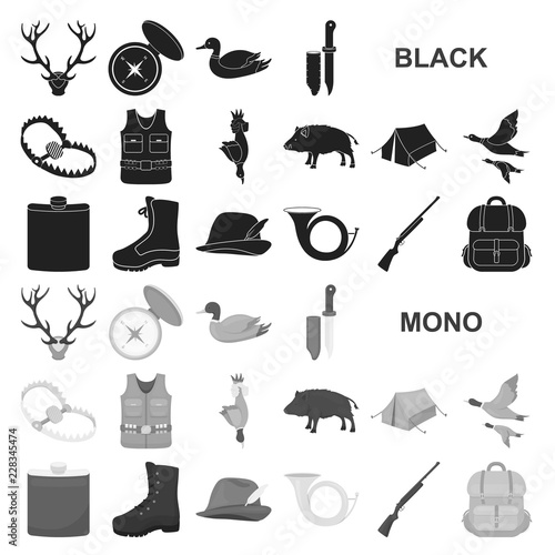 Hunting and trophy black icons in set collection for design. Hunting and equipment vector symbol stock web illustration.