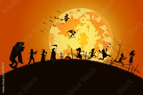 illustration sunset background concept many people with men and women wearing as ghost and devil for festival halloween full moon on dark night with happy children for celebration halloween day
