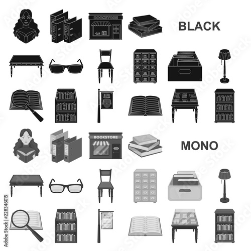Library and bookstore black icons in set collection for design. Books and furnishings vector symbol stock web illustration.