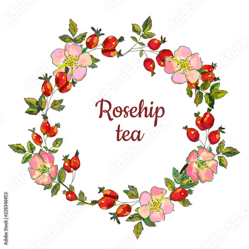 Rosehip frame for the tea label or card, vector graphic illustration