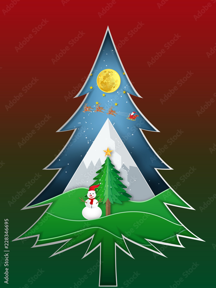 Obraz premium Paper art and cut of Santa Claus on Sleigh and Reindeers in the snow winter and merry christmas background as digital craft style , holiday and x'mas day concept. vector illustration.