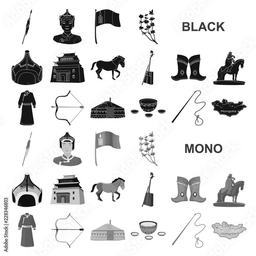 Country Mongolia black icons in set collection for design.Territory and landmark vector symbol stock web illustration.