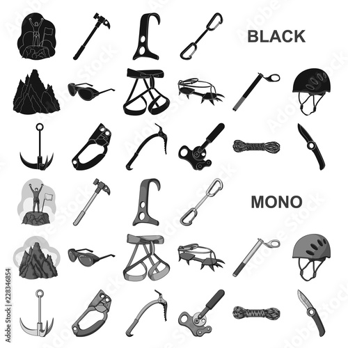 Mountaineering and climbing black icons in set collection for design. Equipment and accessories vector symbol stock web illustration.