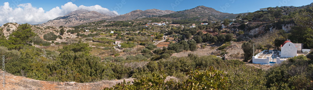 Panoramic view of the mountain village Stes on Karpathos in Greece