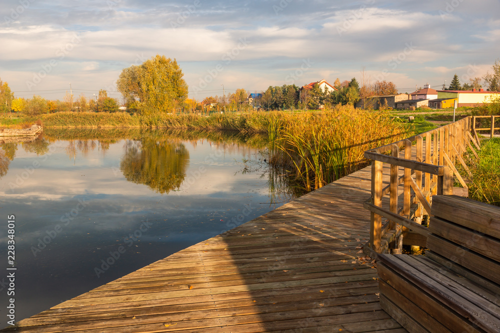 Fototapeta premium Lake Zgorzala in district Ursynow at autumn, Warsaw, Poland