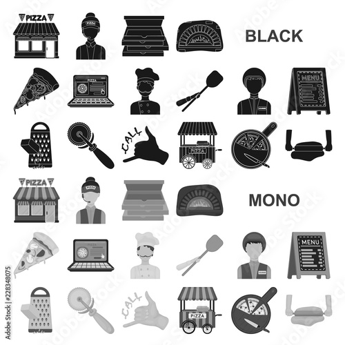 Pizza and pizzeria black icons in set collection for design. Staff and equipment vector symbol stock web illustration.