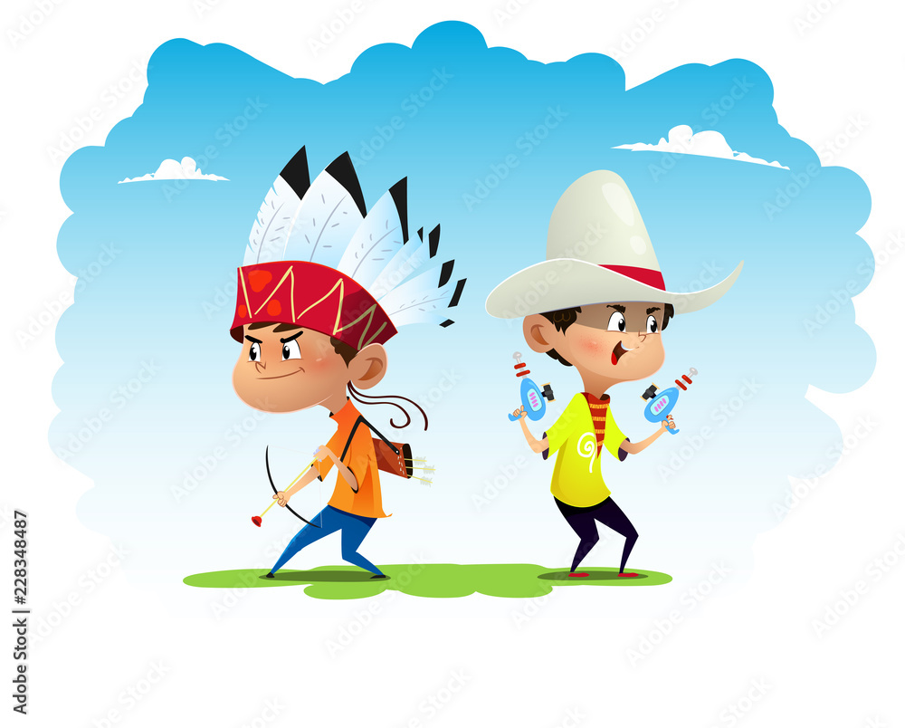 Two fun cartoon kids dressed like indian and cowboy Stock Vector | Adobe  Stock