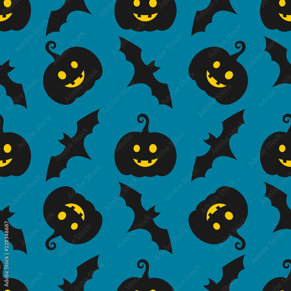 Halloween pumpkins and bats seamless pattern.