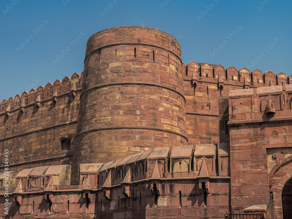 The exterior of Agra Fort, Agra, Uttar Pradesh, India, which is the UNESCO World Heritage