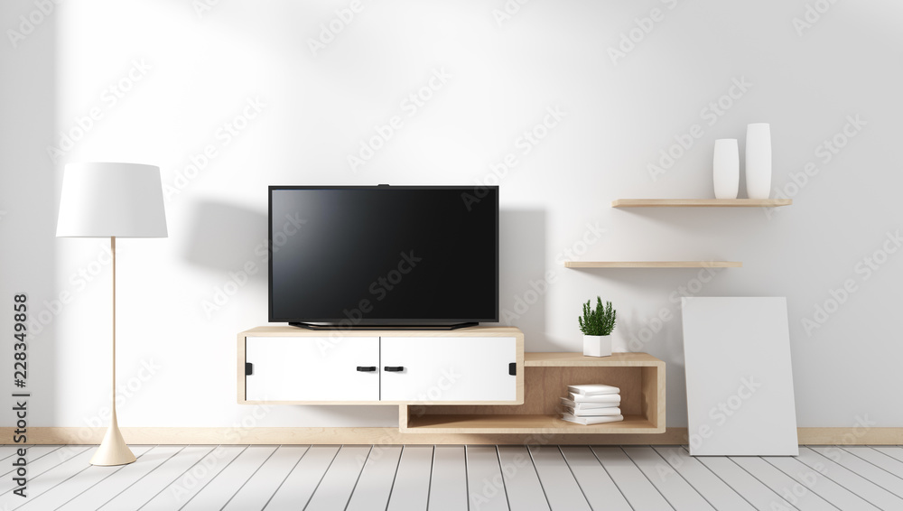 Smart Tv - blank black screen hanging on the cabinet, modern living room with white wood floor. 3d rendering Smart Tv - blank black screen hanging on the cabinet, modern living room with white wood floor. 3d rendering